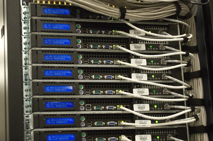 Armario de servidores con sus cables de red en un centro de datos