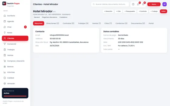 Ficha de un cliente con sus direcciones, contratos, documentos y facturas