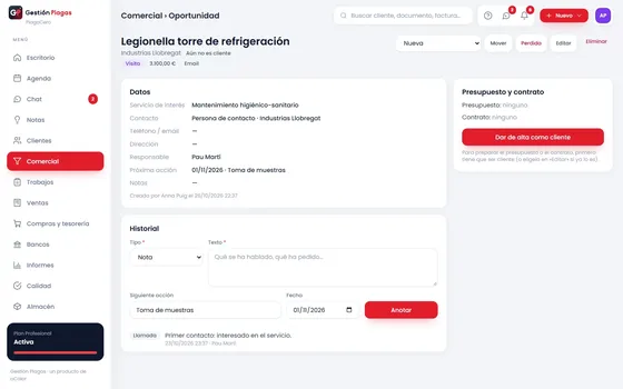 Oportunidad comercial con sus datos, su próxima acción y su historial