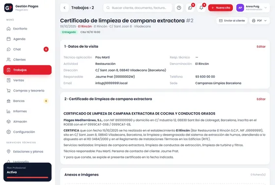 Certificado de limpieza de campana generado con una plantilla y los datos del cliente