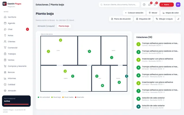 Plano de un local con sus estaciones de cebo y trampas numeradas y el nivel de actividad de cada una