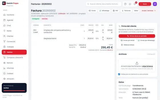 Ficha de una factura emitida con sus líneas y sus cobros