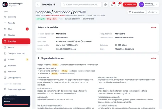 Documento de diagnosis creado desde la cita, con especies, productos aplicados con lote y firmas