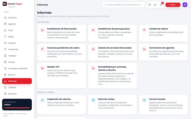 Listado de informes de facturación, clientes, agenda y control de plagas