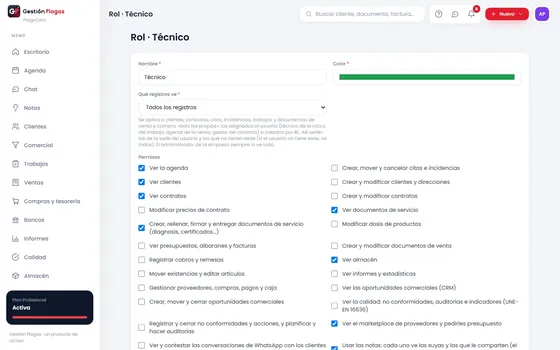 Rol con su alcance y sus permisos