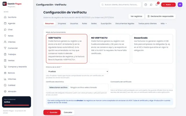 Configuración de VeriFactu con los modos VERI*FACTU, NO VERI*FACTU y desactivado