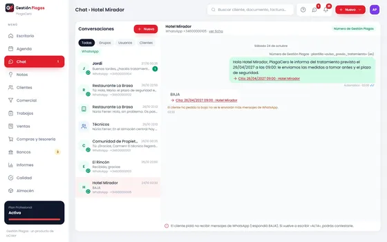 Conversación de WhatsApp en el chat con el estado de cada mensaje y la baja que pidió el cliente al responder BAJA