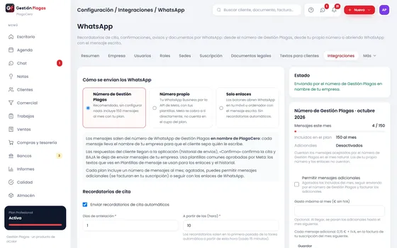 Configuración de WhatsApp: número de Gestión Plagas, número propio o enlaces, recordatorios de cita y mensajes del mes